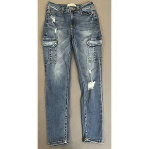 Wax Jean Womens Blue Denim Skinny Cargo Style Distressed Jeans Size 3/26